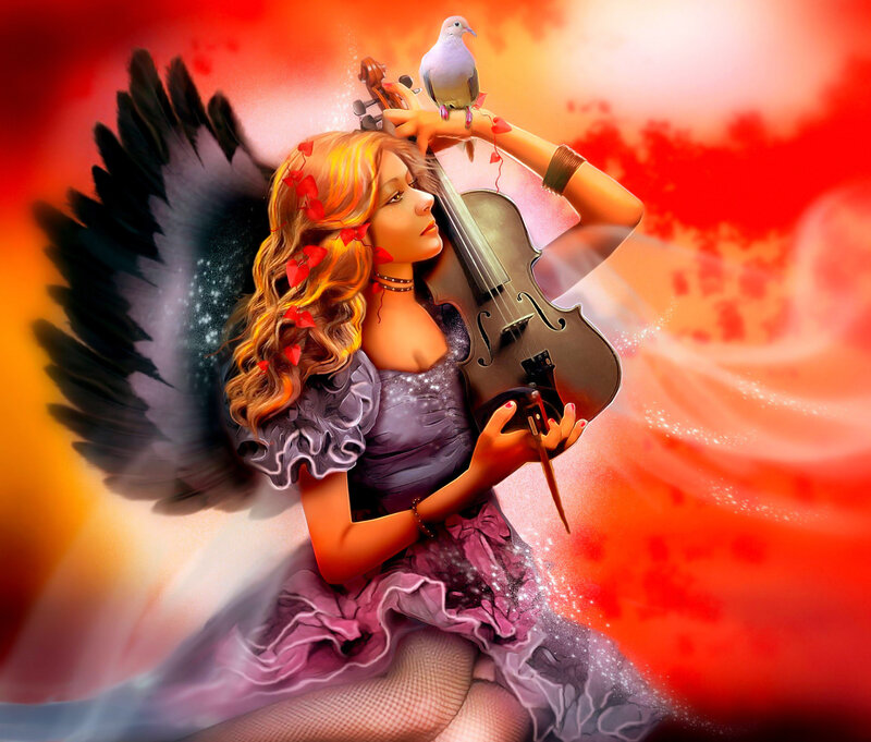 Angelic Woman with Violin — Red, Dramatic