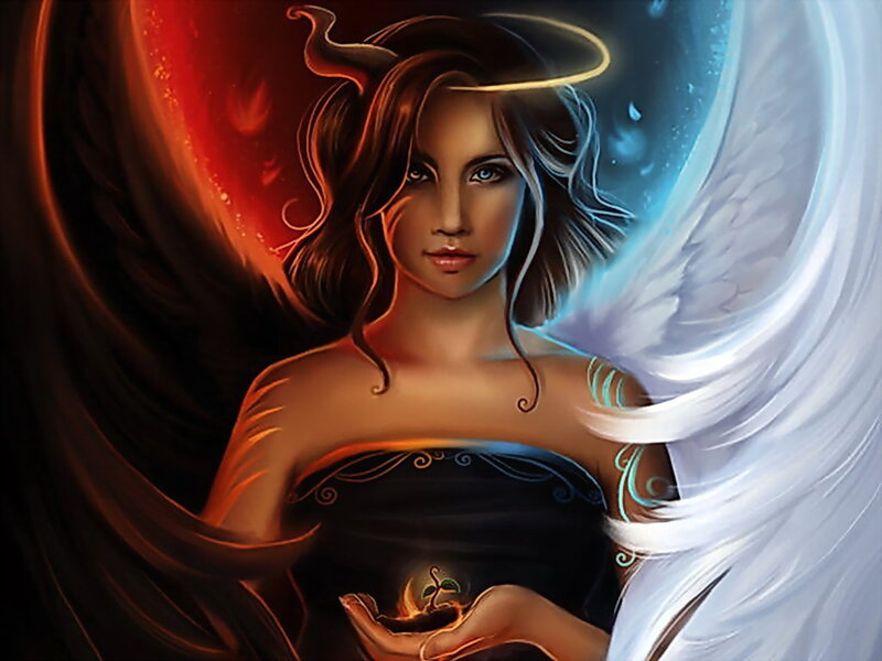 Angelic Woman with Wings — Black, Dramatic, Digital Art, Halo