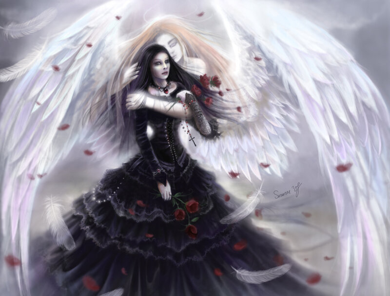 Angelic Woman with Wings — Black, Dramatic, Digital Art, Roses