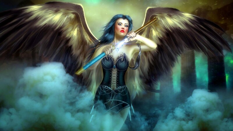 Angelic Woman with Wings — Black, Dramatic, Digital Art, Sword
