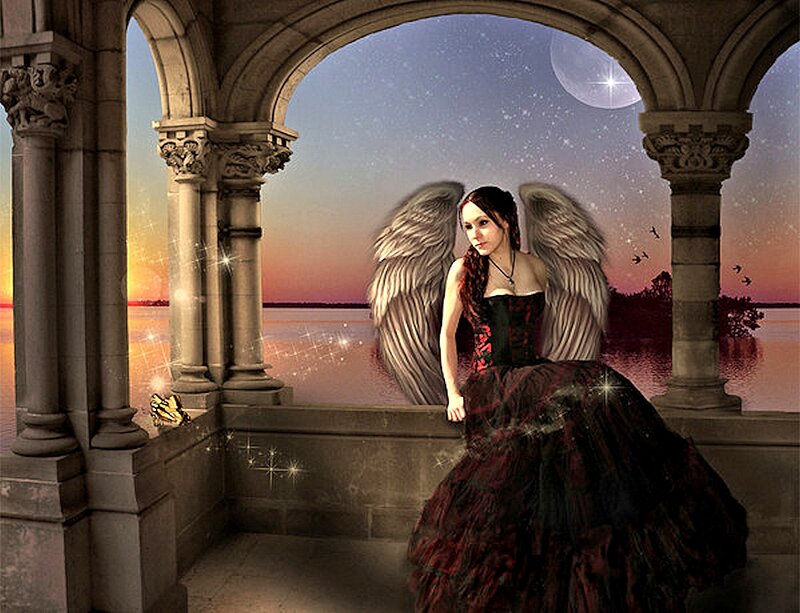 Angelic Woman with Wings — Black, Dramatic, Sunset