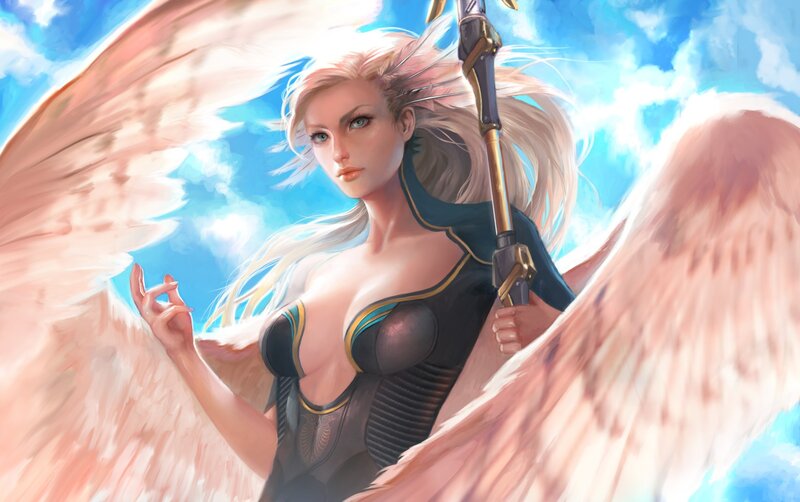 Angelic Woman with Wings — Blue, Dramatic, Afternoon, Digital Art, Spear