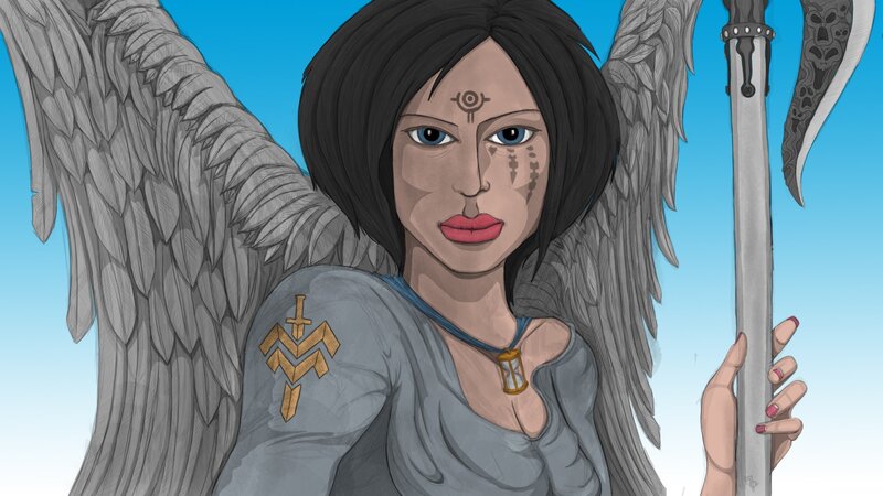 Angelic Woman with Wings — Blue, Dramatic, Afternoon, Digital Art, Staff
