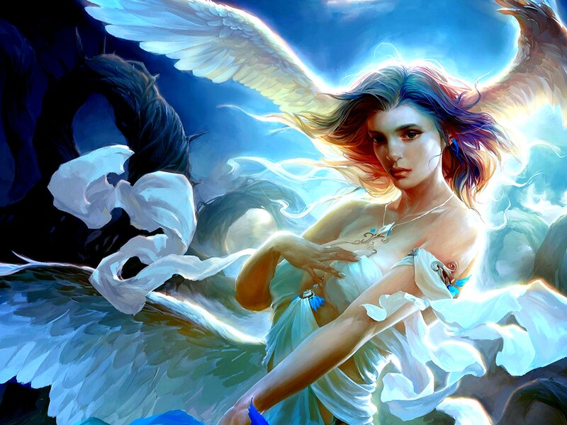 Angelic Woman with Wings — Blue, Dramatic, Digital Art, Dress