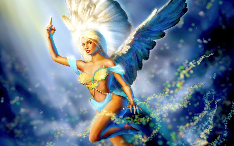 Angelic Woman with Wings — Blue, Dramatic, Digital Art, Light Rays