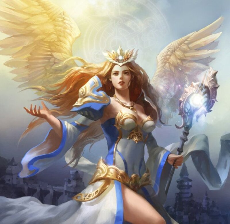 Angelic Woman with Wings — Blue, Dramatic, Digital Art, Staff