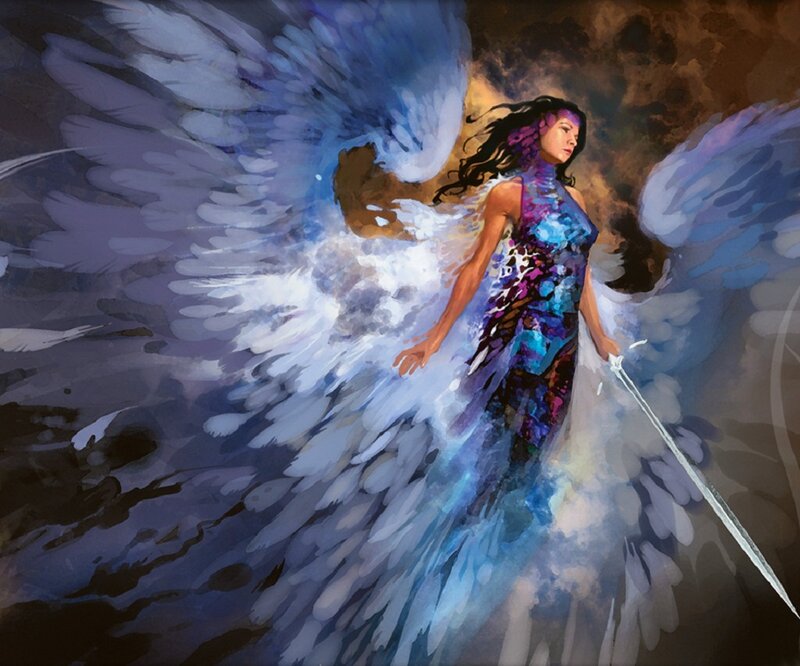 Angelic Woman with Wings — Blue, Dramatic, Digital Art, Sword