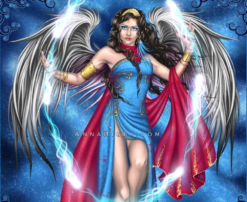Angelic Woman with Wings — Blue, Dramatic, Night, Digital Art, Lightning