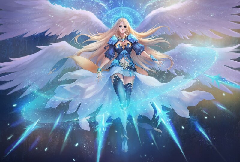 Angelic Woman with Wings — Blue, Dramatic, Night, Digital Art, Magic