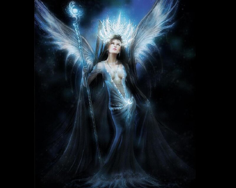 Angelic Woman with Wings — Blue, Dramatic, Night, Digital Art, Staff