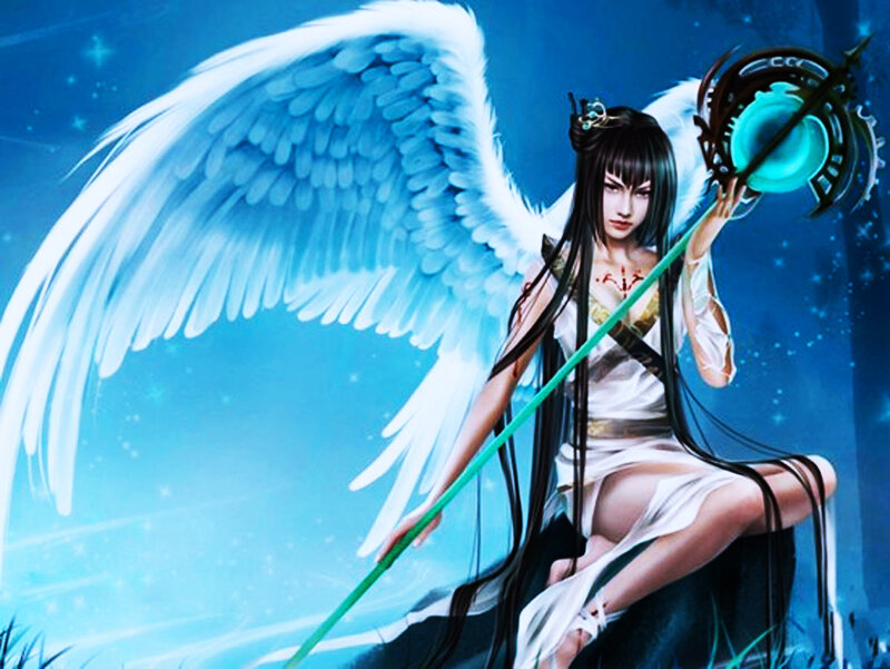 Angelic Woman with Wings — Blue, Dramatic, Night, Digital Art