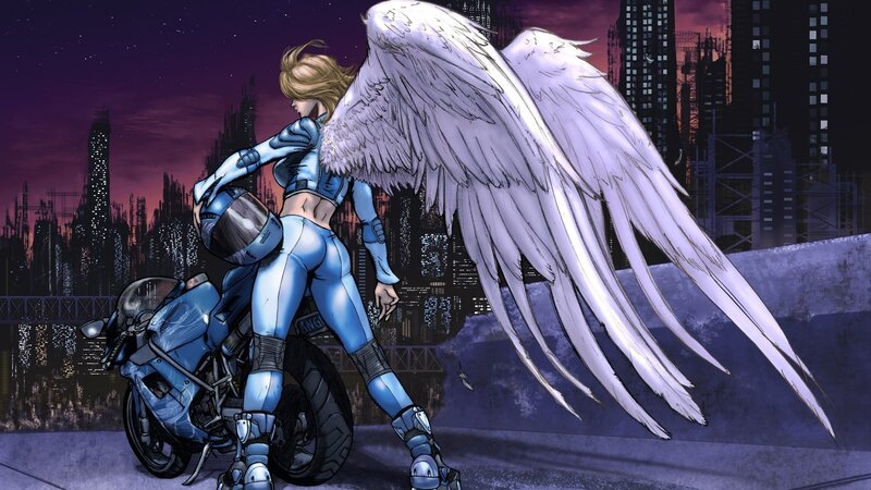 Angelic Woman with Wings — Blue, Dramatic, Night, Manga
