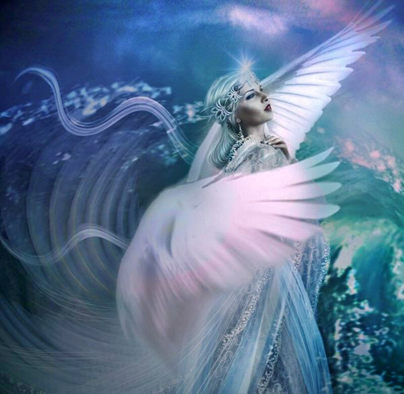 Angelic Woman with Wings — Blue, Ethereal, Digital Art