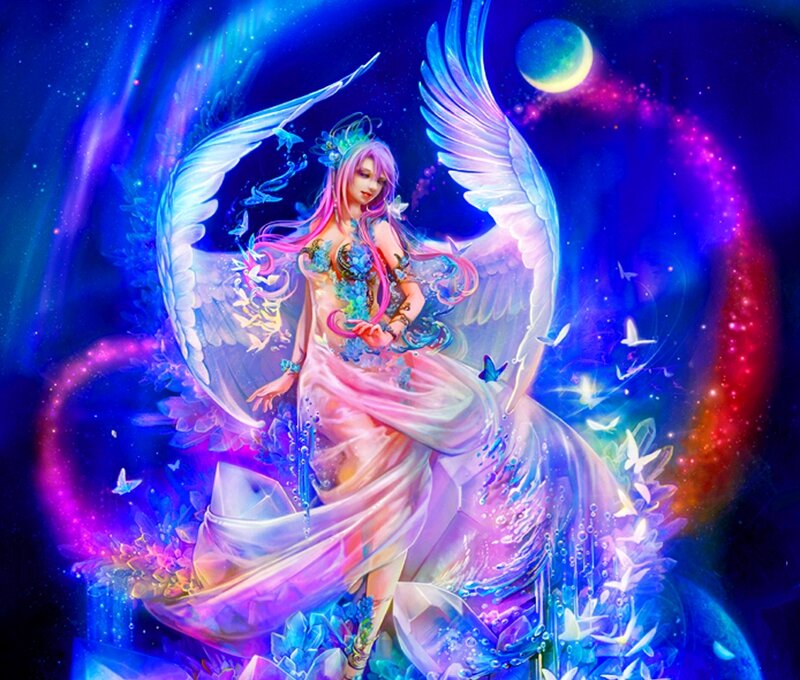 Angelic Woman with Wings — Blue, Ethereal, Night, Digital Art