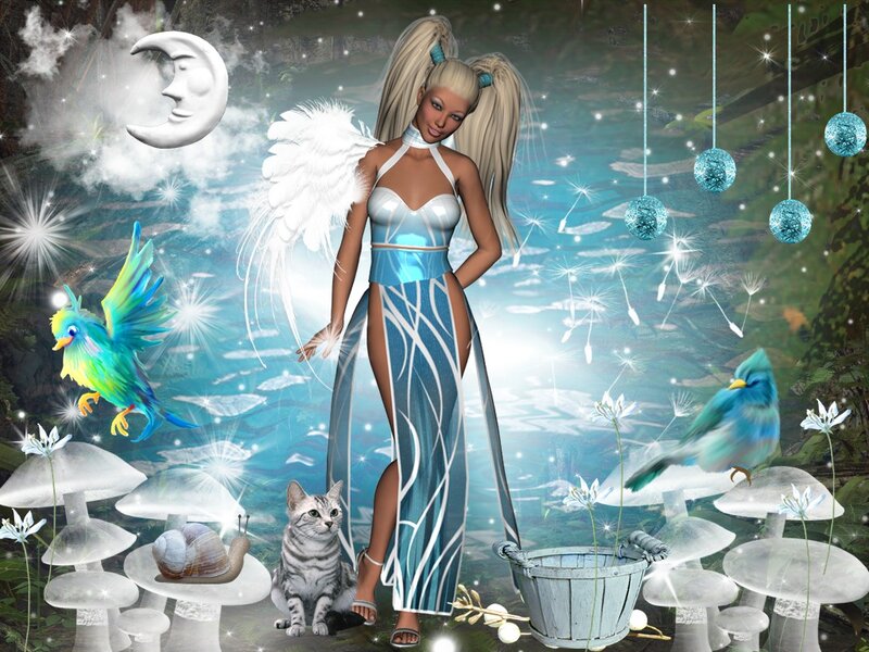 Angelic Woman with Wings — Blue, Fantasy, Night