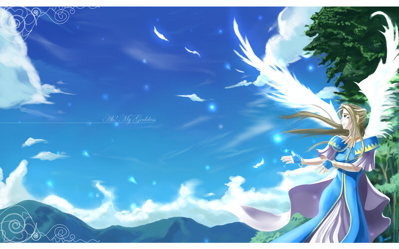 Angelic Woman with Wings — Blue, Serene, Afternoon, Digital Art, Clouds