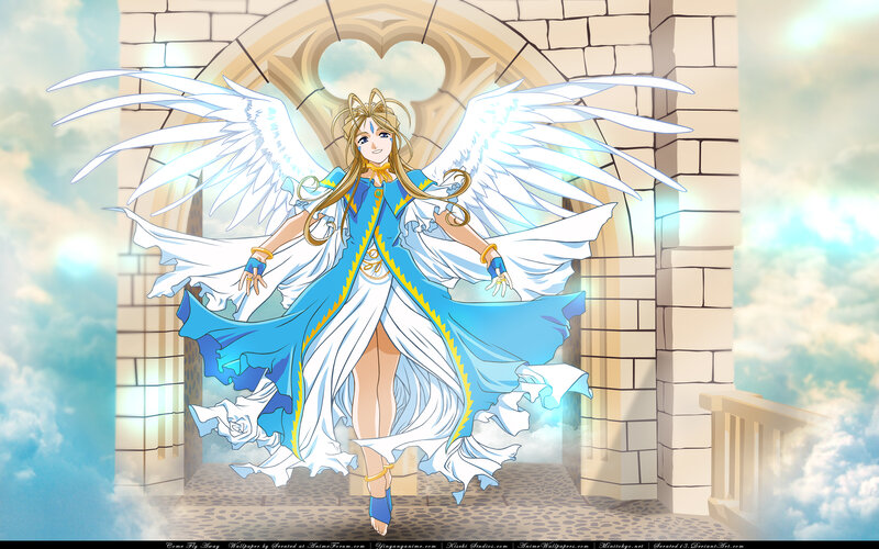 Angelic Woman with Wings — Blue, Serene, Anime, Castle