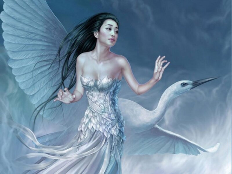 Angelic Woman with Wings — Blue, Serene, Digital Art, Bird, Clouds