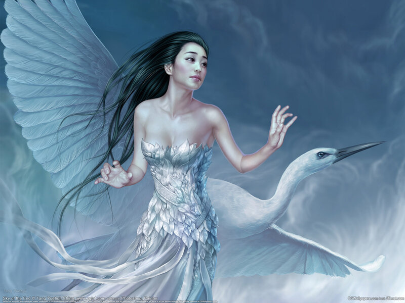 Angelic Woman with Wings — Blue, Serene, Digital Art, Bird