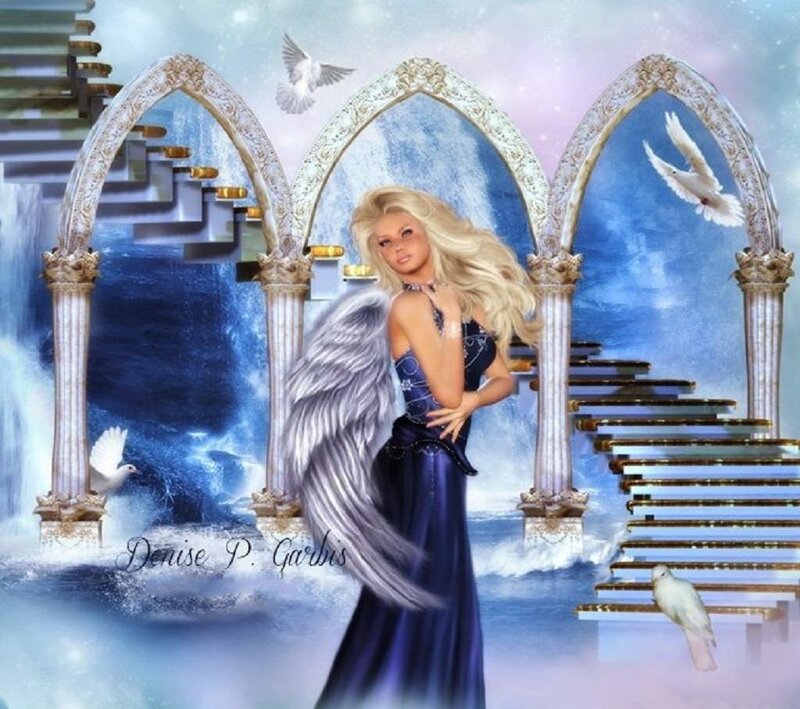 Angelic Woman with Wings — Blue, Serene, Digital Art, Doves