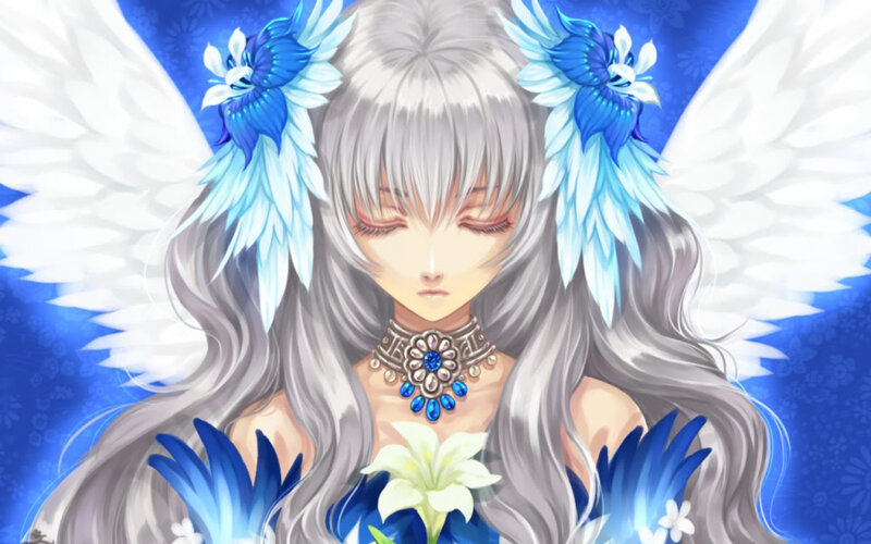Angelic Woman with Wings — Blue, Serene, Digital Art, Flowers