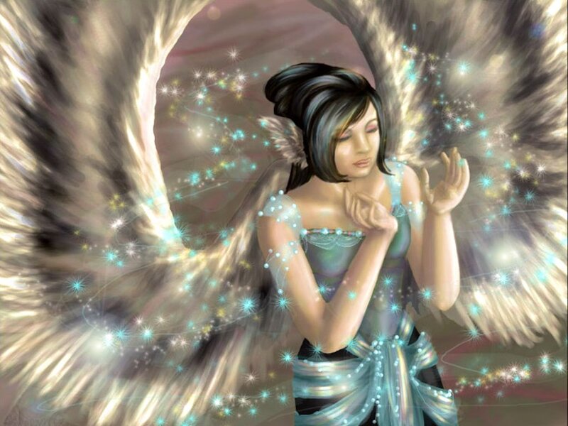 Angelic Woman with Wings — Blue, Serene, Digital Art, Sparkles
