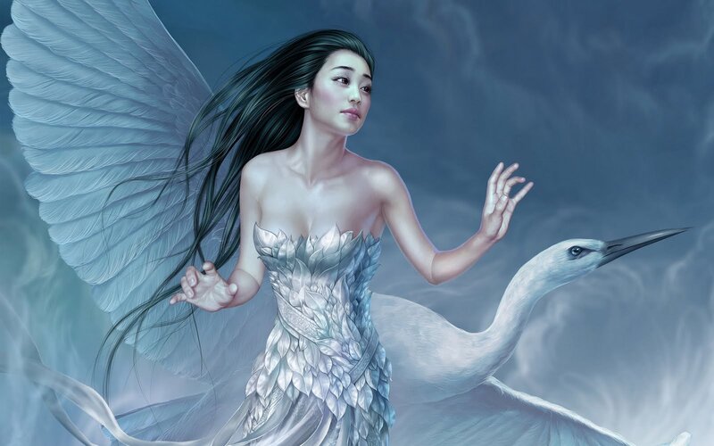 Angelic Woman with Wings — Blue, Serene, Digital Art