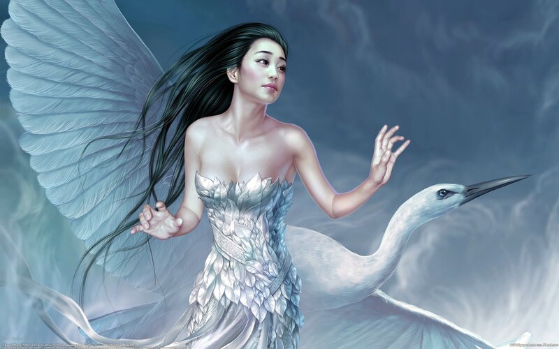 Angelic Woman with Wings — Blue, Serene, Digital Art, White Bird, Long Hair, Dress