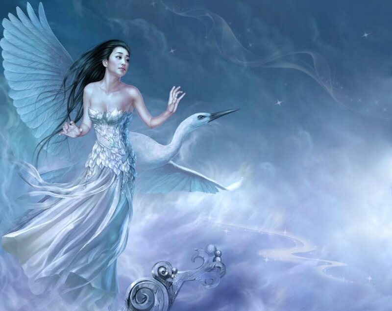 Angelic Woman with Wings — Blue, Serene, Night, Digital Art, Bird