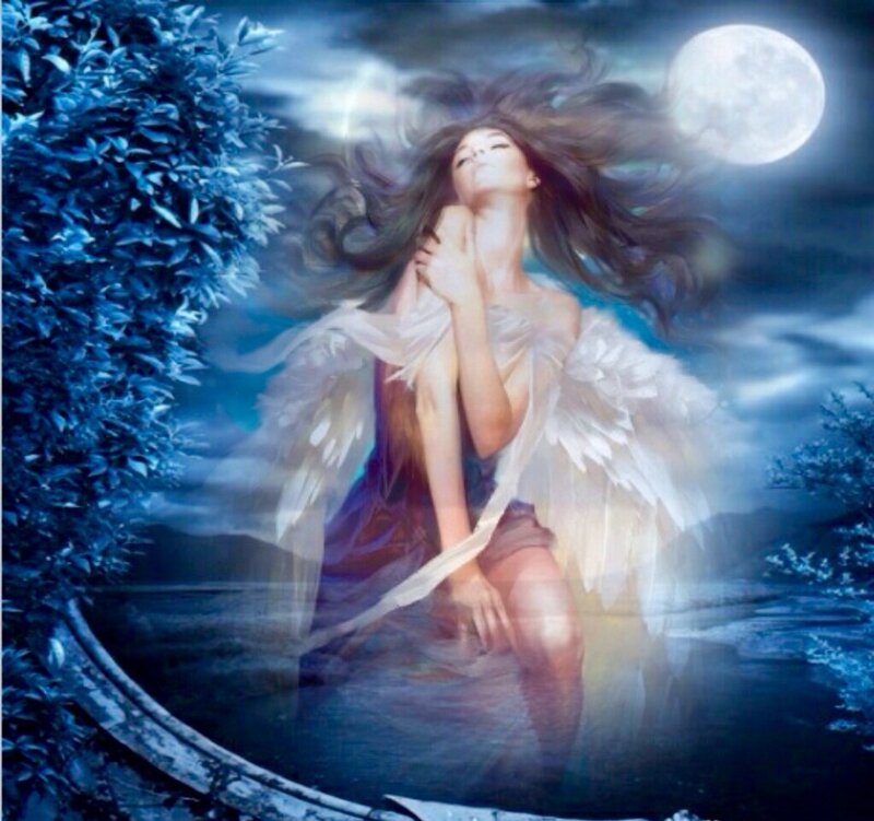 Angelic Woman with Wings — Blue, Serene, Night, Digital Art, Moon