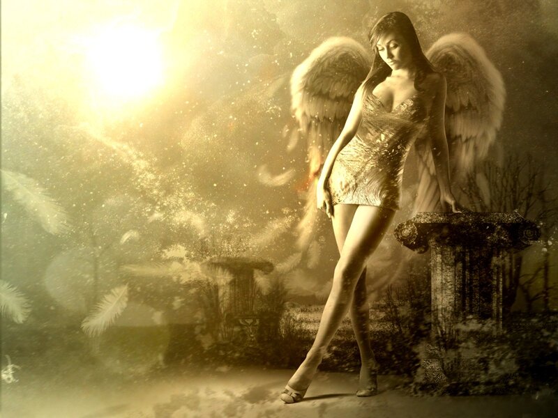 Angelic Woman with Wings — Gold, Dramatic, Digital Art, Column