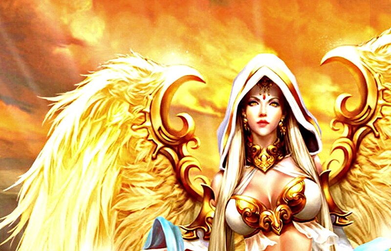 Angelic Woman with Wings — Gold, Dramatic, Sunset, Digital Art