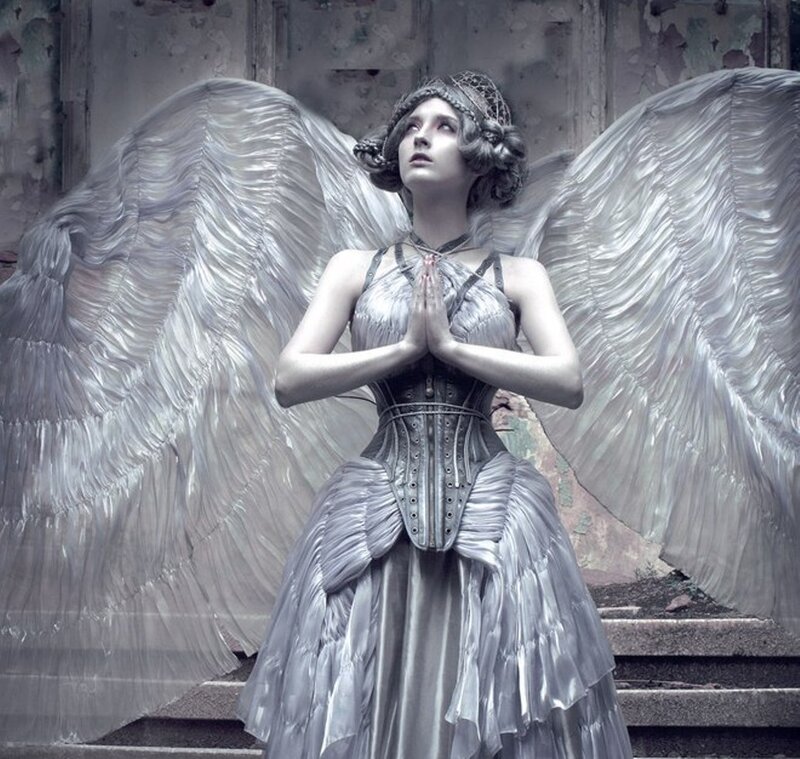 Angelic Woman with Wings — Gray, Dramatic, Digital Art, Corset