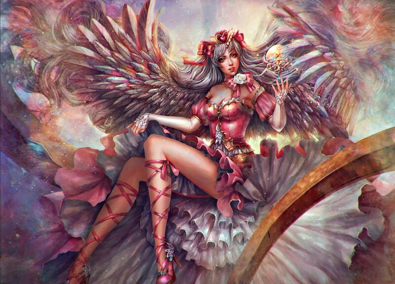 Angelic Woman with Wings — Pink, Dramatic, Digital Art