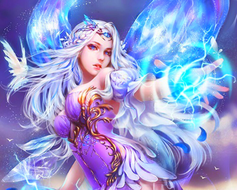 Angelic Woman with Wings — Purple, Dramatic, Digital Art, Magic