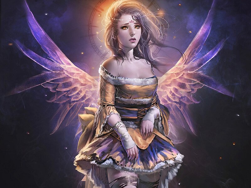 Angelic Woman with Wings — Purple, Dramatic, Night, Digital Art, Dress