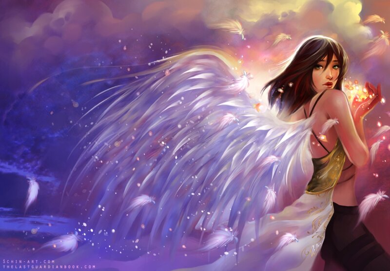 Angelic Woman with Wings — Purple, Dramatic, Night, Digital Art, Feathers, Light
