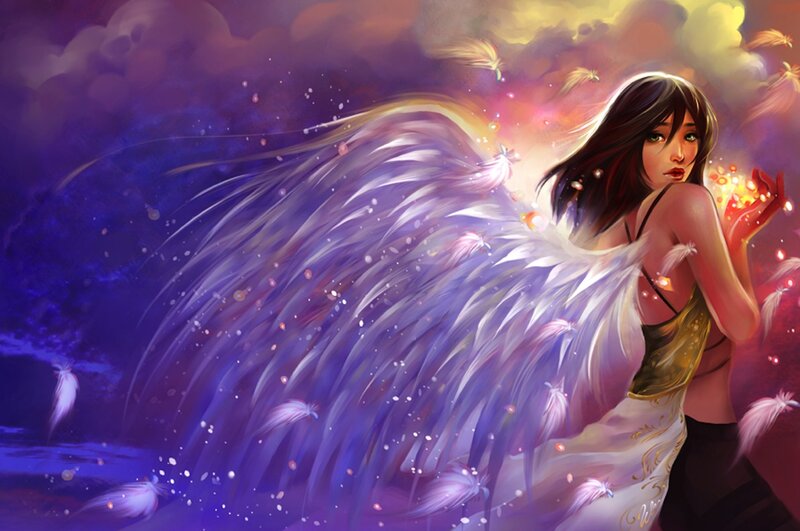 Angelic Woman with Wings — Purple, Dramatic, Night, Digital Art, Feathers