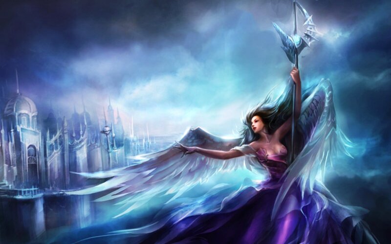 Angelic Woman with Wings — Purple, Dramatic, Night, Digital Art, Spear
