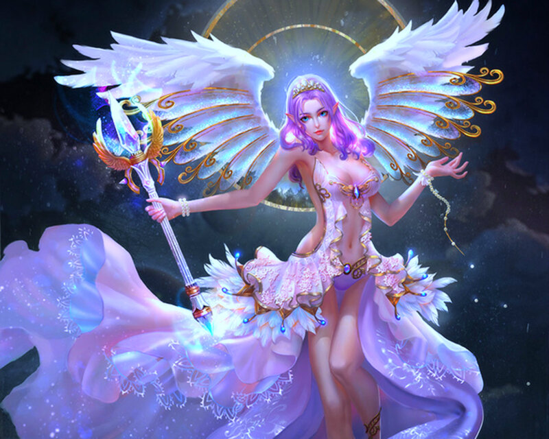 Angelic Woman with Wings — Purple, Dramatic, Night, Digital Art, Staff