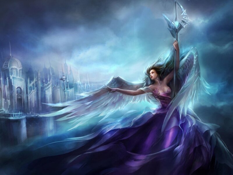 Angelic Woman with Wings — Purple, Dramatic, Night, Digital Art