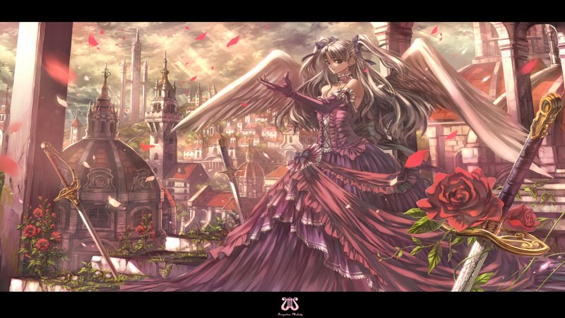Angelic Woman with Wings — Purple, Dramatic, Sunset, Digital Art, Sword