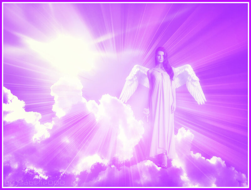 Angelic Woman with Wings — Purple, Serene, Digital Art, Clouds