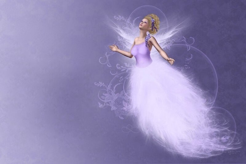 Angelic Woman with Wings — Purple, Serene, Digital Art