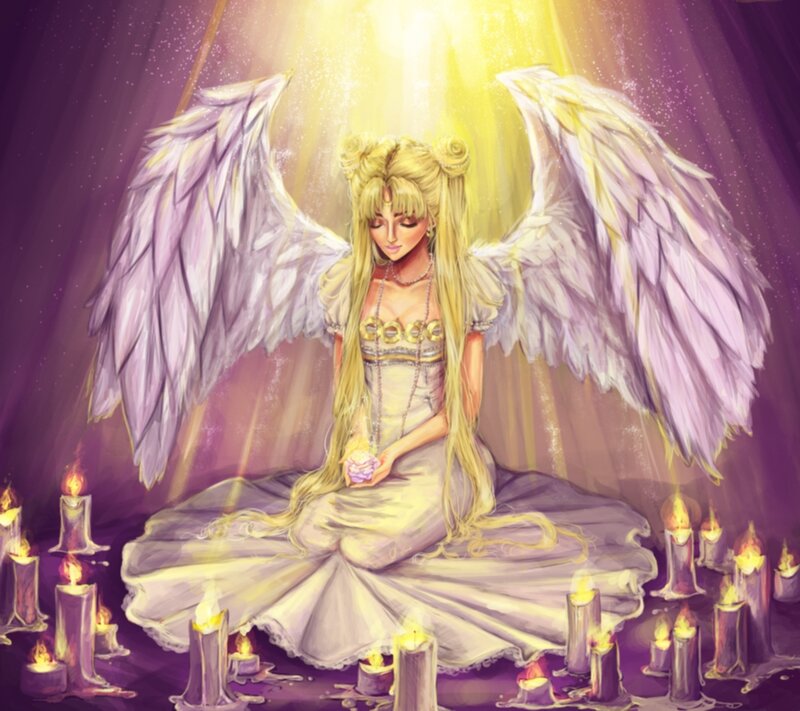 Angelic Woman with Wings — Purple, Serene, Night, Digital Art, Candles