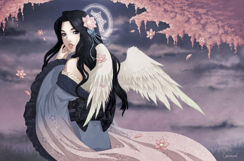 Angelic Woman with Wings — Purple, Serene, Night