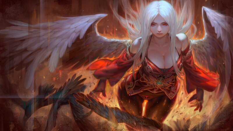 Angelic Woman with Wings — Red, Dramatic, Digital Art, Fire