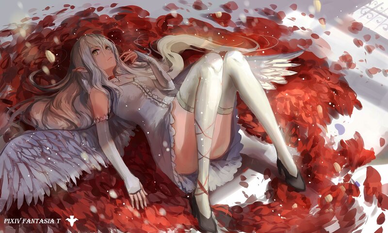 Angelic Woman with Wings — Red, Dramatic, Digital Art, Petals