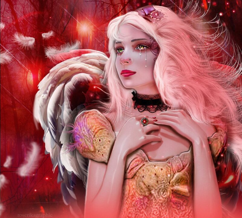 Angelic Woman with Wings — Red, Dramatic, Digital Art, Tear