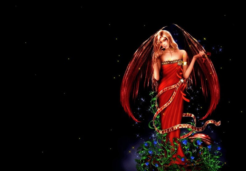 Angelic Woman with Wings — Red, Dramatic, Night, Digital Art
